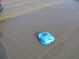 blue bag in road