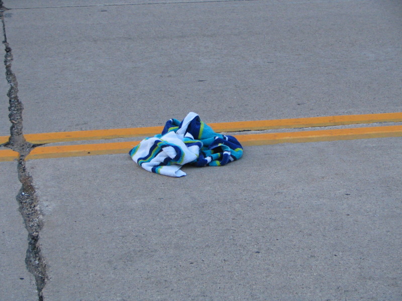 blue towel in road